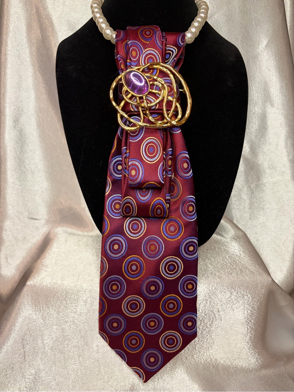 Claiborne Burgundy Circle-Print Scarf Pendant with Gold-Tone Accent